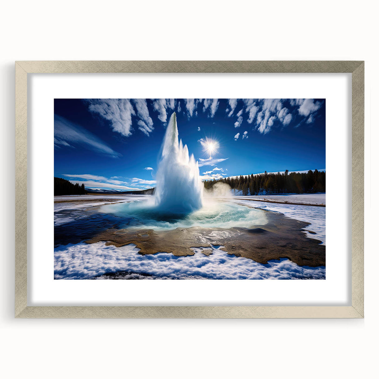 Framed wall art featuring a geyser landscape design in a silver frame with a mat, showcasing vibrant colors and intricate details, perfect for home decor.