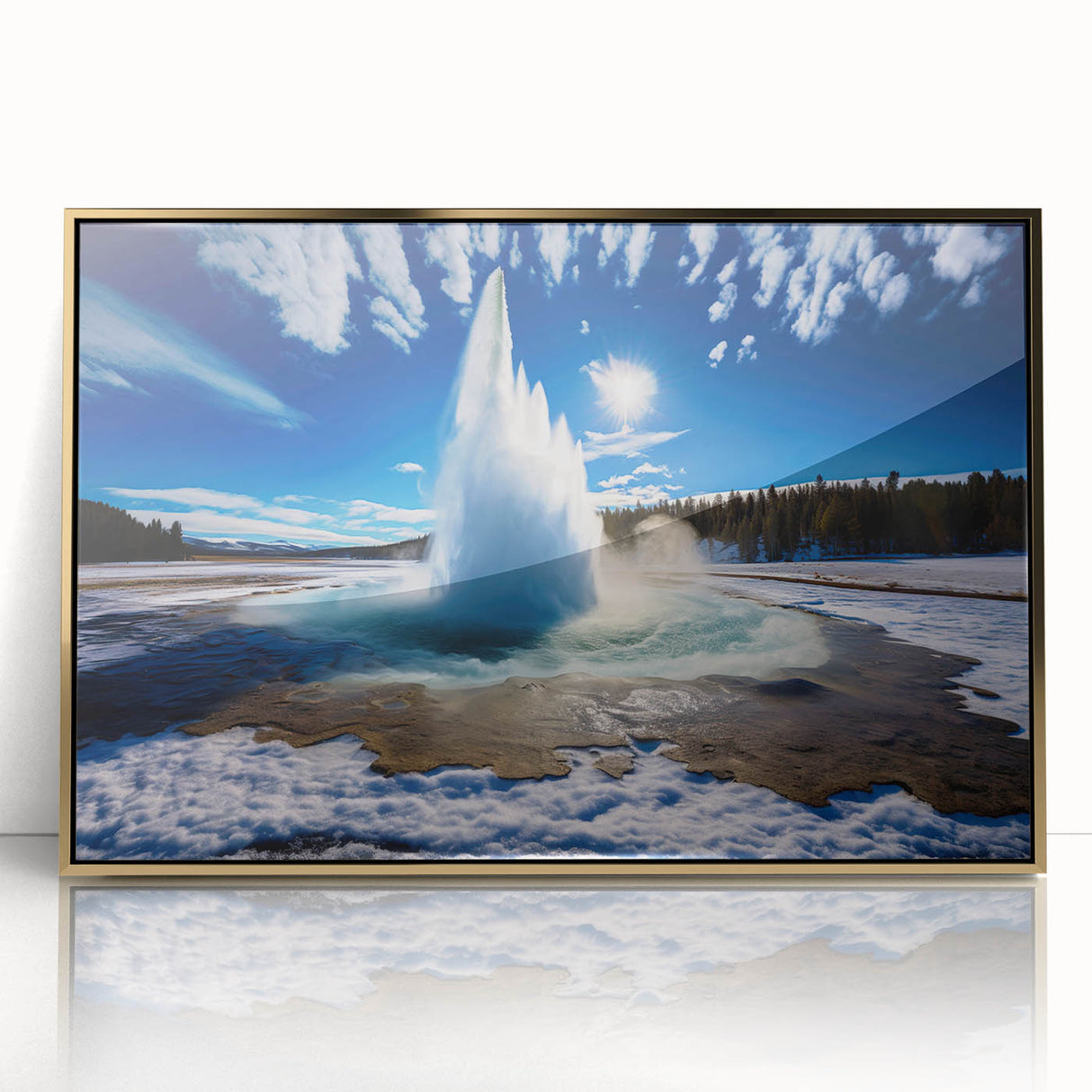 Framed acrylic wall art featuring a stunning geyser landscape design in gold, perfect for enhancing modern home decor. Ideal for accentuating living spaces with natural beauty.