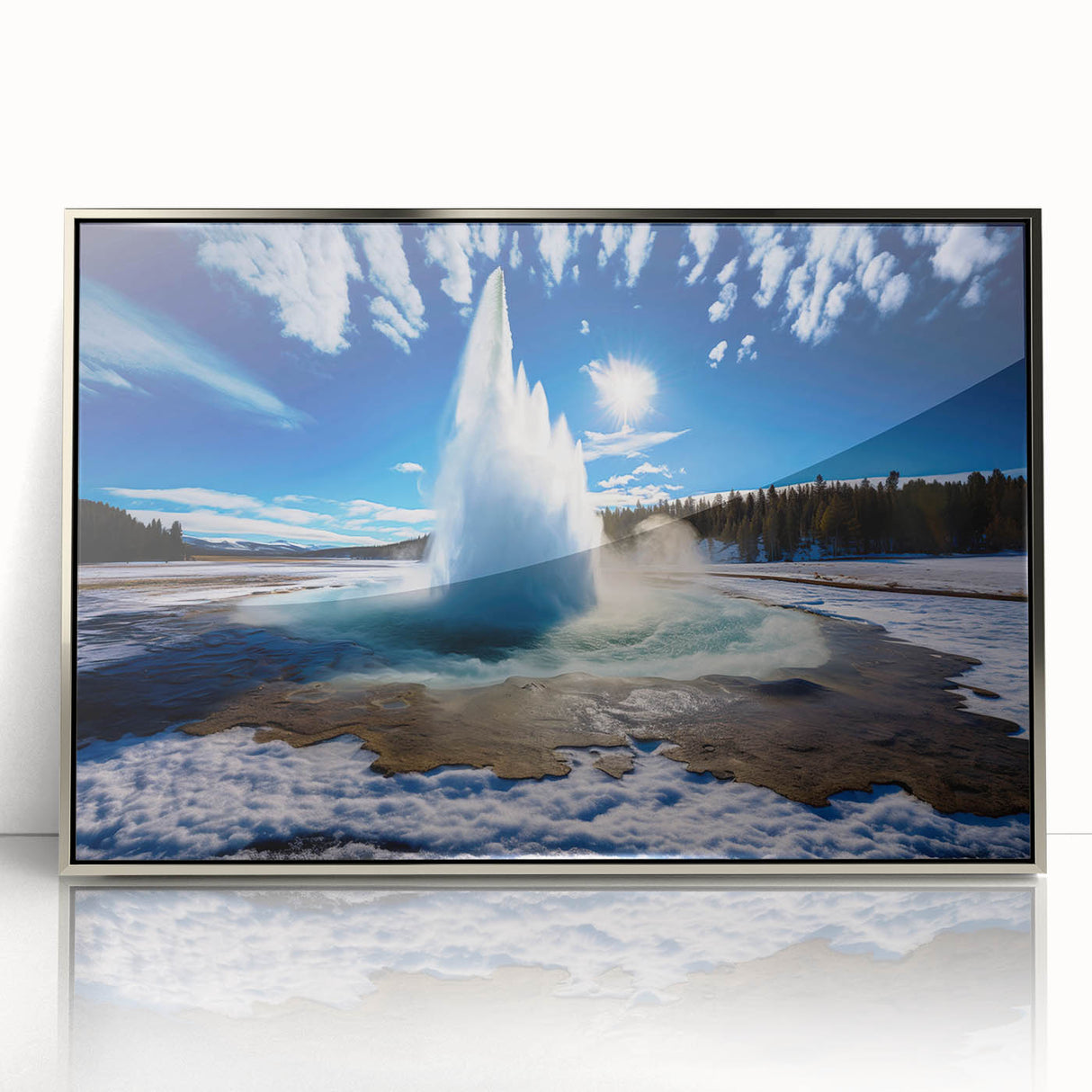 Framed acrylic wall art featuring a stunning geyser landscape design in silver tones, perfect for home decor, enhancing contemporary interior aesthetics.