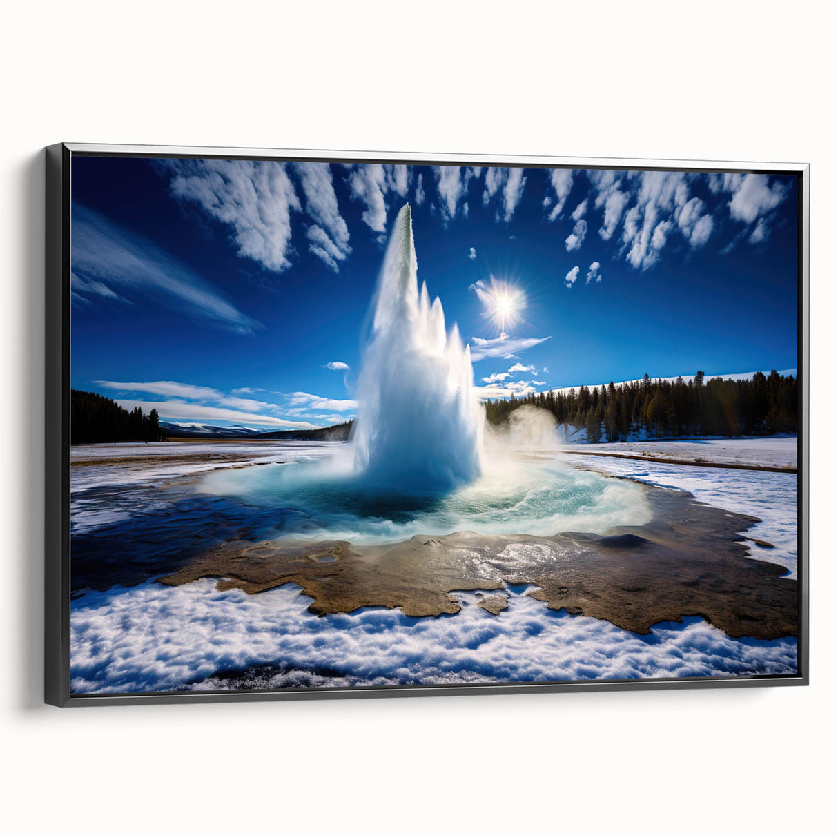 Framed canvas wall art featuring a striking geyser design in vibrant colors. The artwork is presented in a sleek black frame, ideal for modern decor.
