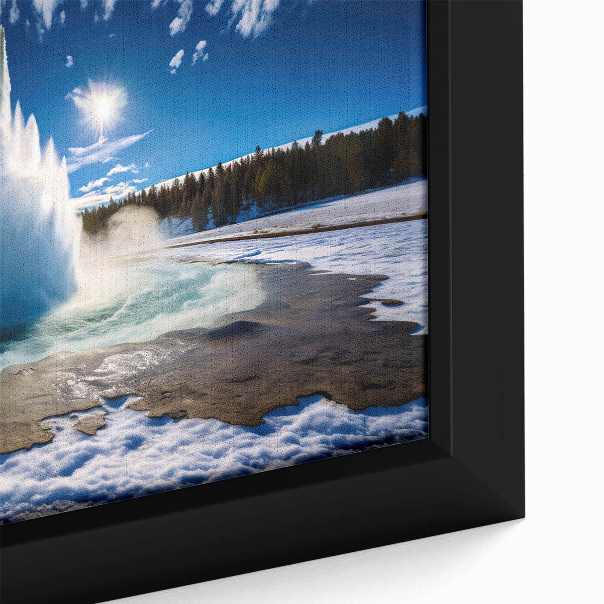 Framed canvas wall art featuring a vibrant geyser landscape design, showcasing rich colors and intricate details, perfect for home decor enhancement.