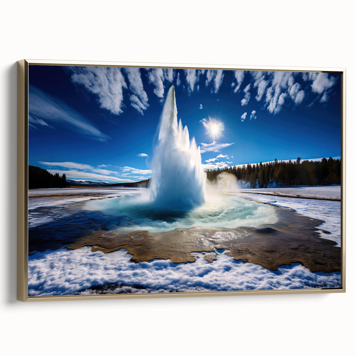Framed canvas wall art showcasing a geyser landscape design in gold tones, elegantly displayed from the side, perfect for enhancing modern decor.