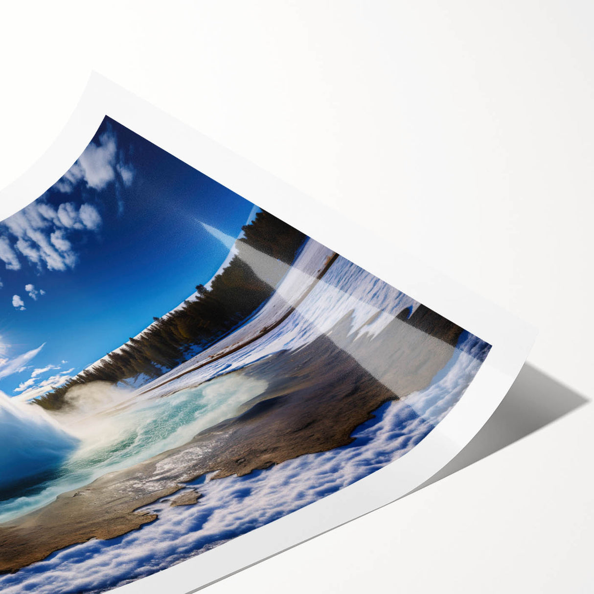 Vibrant rolled print of a geyser landscape design, showcasing rich colors and intricate details, ideal for home decor or art collectors, packaged securely.