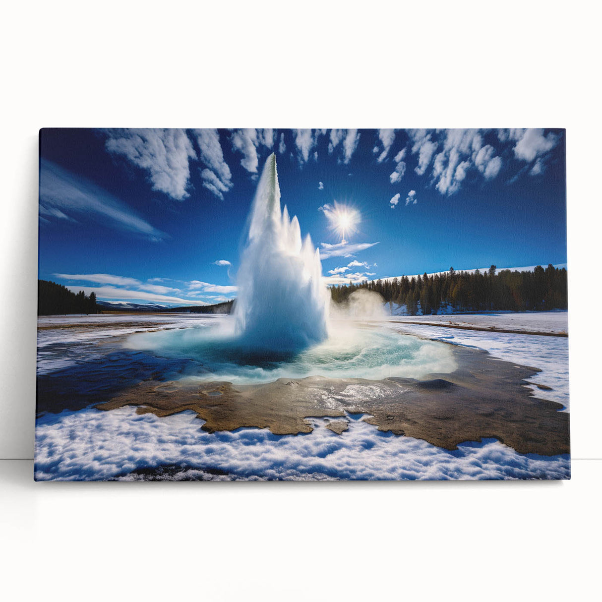 Stretched canvas wall art featuring a stunning geyser landscape design with vibrant colors, ideal for home decor. Perfect for adding a natural touch to any room.