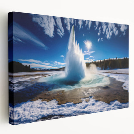 Stretched canvas displaying a vibrant geyser landscape design, showcasing rich colors and intricate details, perfect for elevating home decor aesthetics.