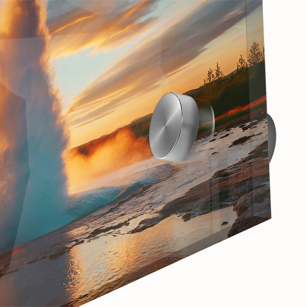 Close-up of an acrylic glass wall art piece showcasing a vibrant geyser landscape design, emphasizing rich colors and intricate details, ideal for modern decor.