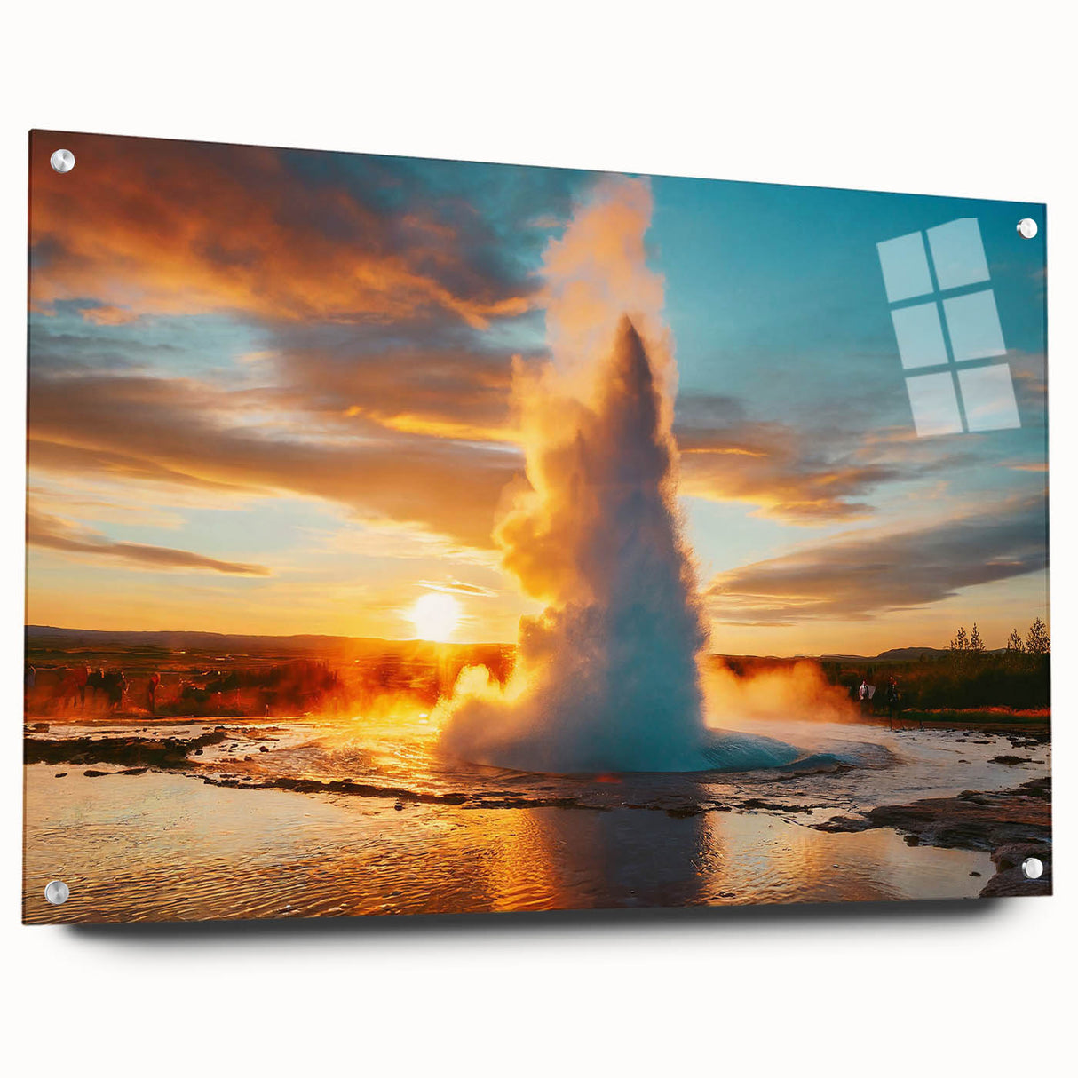 Side view of a geyser design wall art piece made from acrylic glass, featuring vibrant colors and a modern aesthetic, displayed with pins against a neutral background. This artwork enhances contemporary interior decor with its striking visual impact and unique design elements.