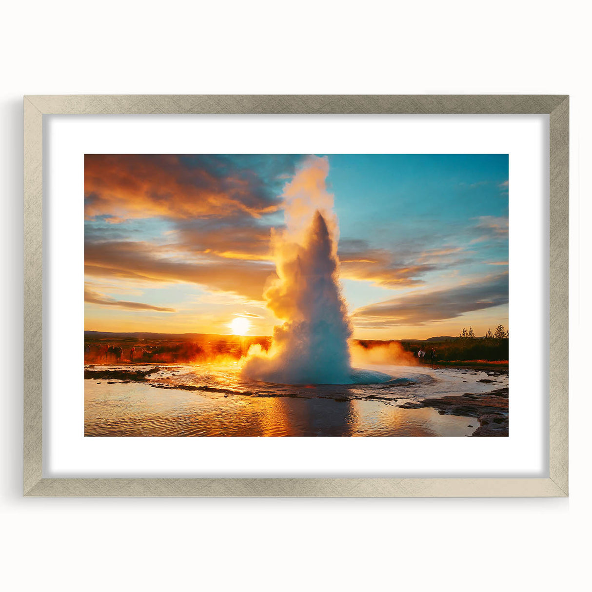 Framed wall art featuring a stunning geyser landscape design, displayed with a silver mat and frame, ideal for enhancing modern home decor. The striking colors and intricate details make it a captivating centerpiece for any room.