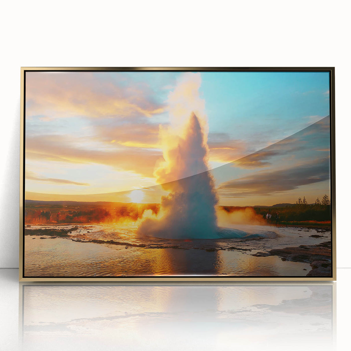 Framed acrylic wall art featuring a stunning geyser landscape design in gold tones, perfect for home decor or modern art collections, showcasing vibrant colors and intricate details.