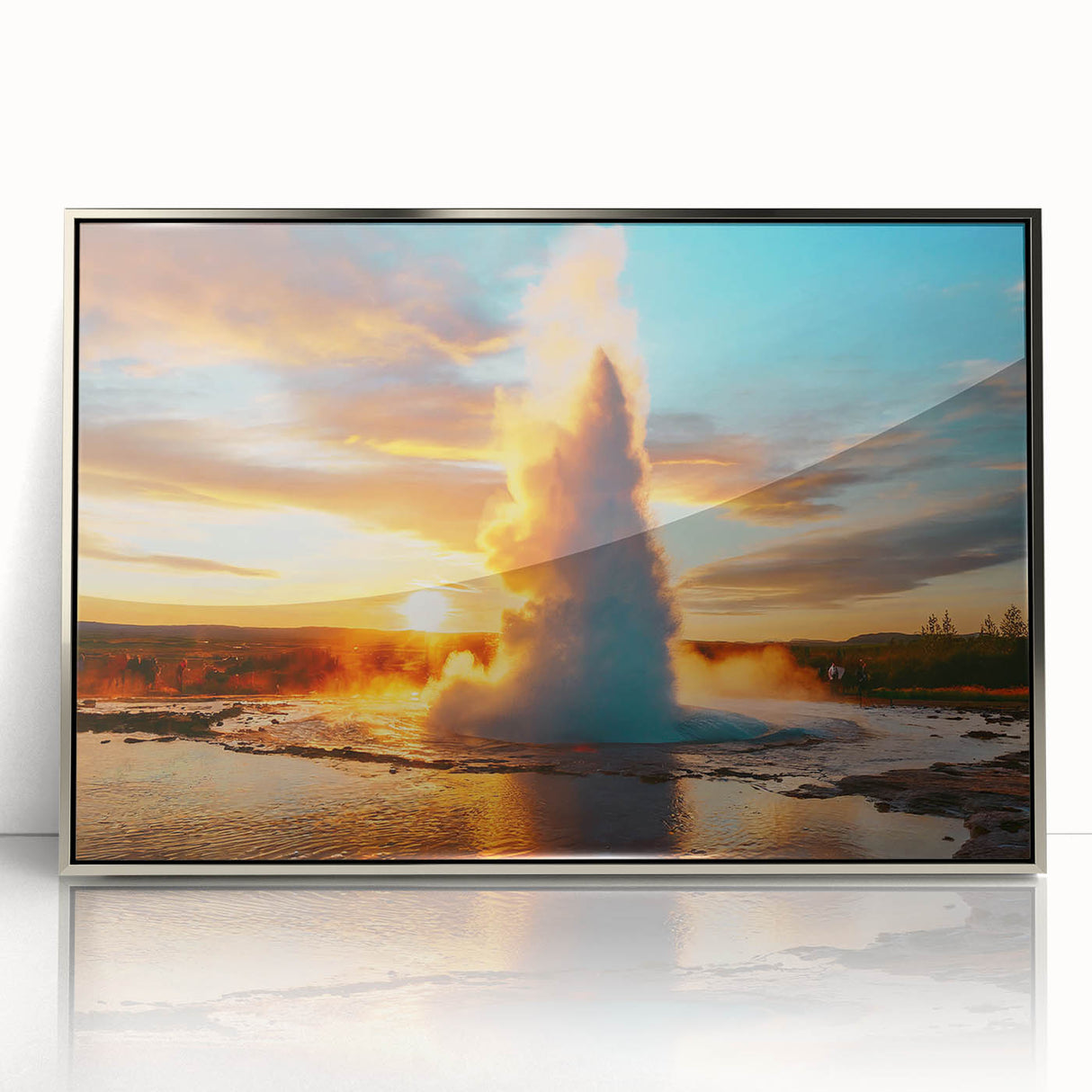 Framed acrylic wall art featuring a stunning geyser landscape design in silver tones, showcasing vibrant colors and intricate details, perfect for modern home decor.
