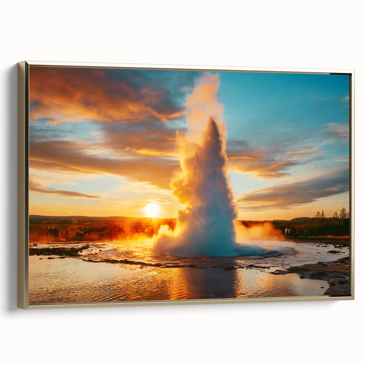Framed canvas wall art showcasing a stunning geyser landscape design with gold accents, perfect for home decor. Side view highlighting its elegant frame and vibrant colors.