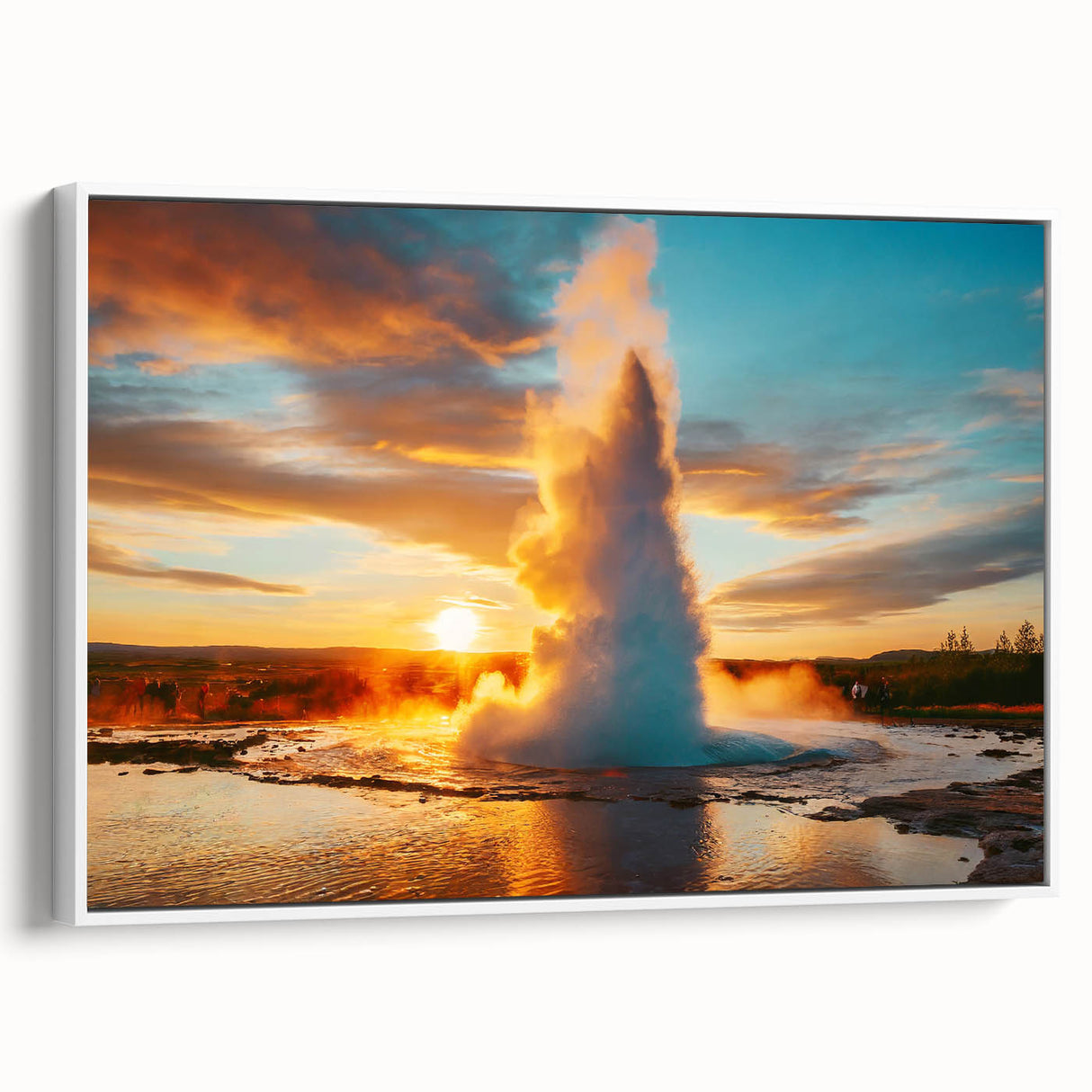 Framed canvas artwork showcasing a stunning landscape geyser design, featuring vibrant colors and intricate details, elegantly displayed against a white backdrop.