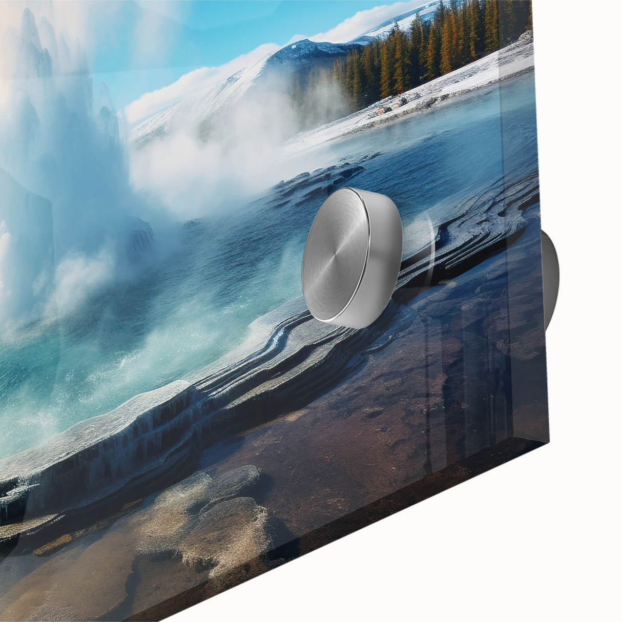 Close-up view of a vibrant acrylic glass wall art piece showcasing a geyser landscape design, featuring intricate colors and textures, perfect for modern home decor.