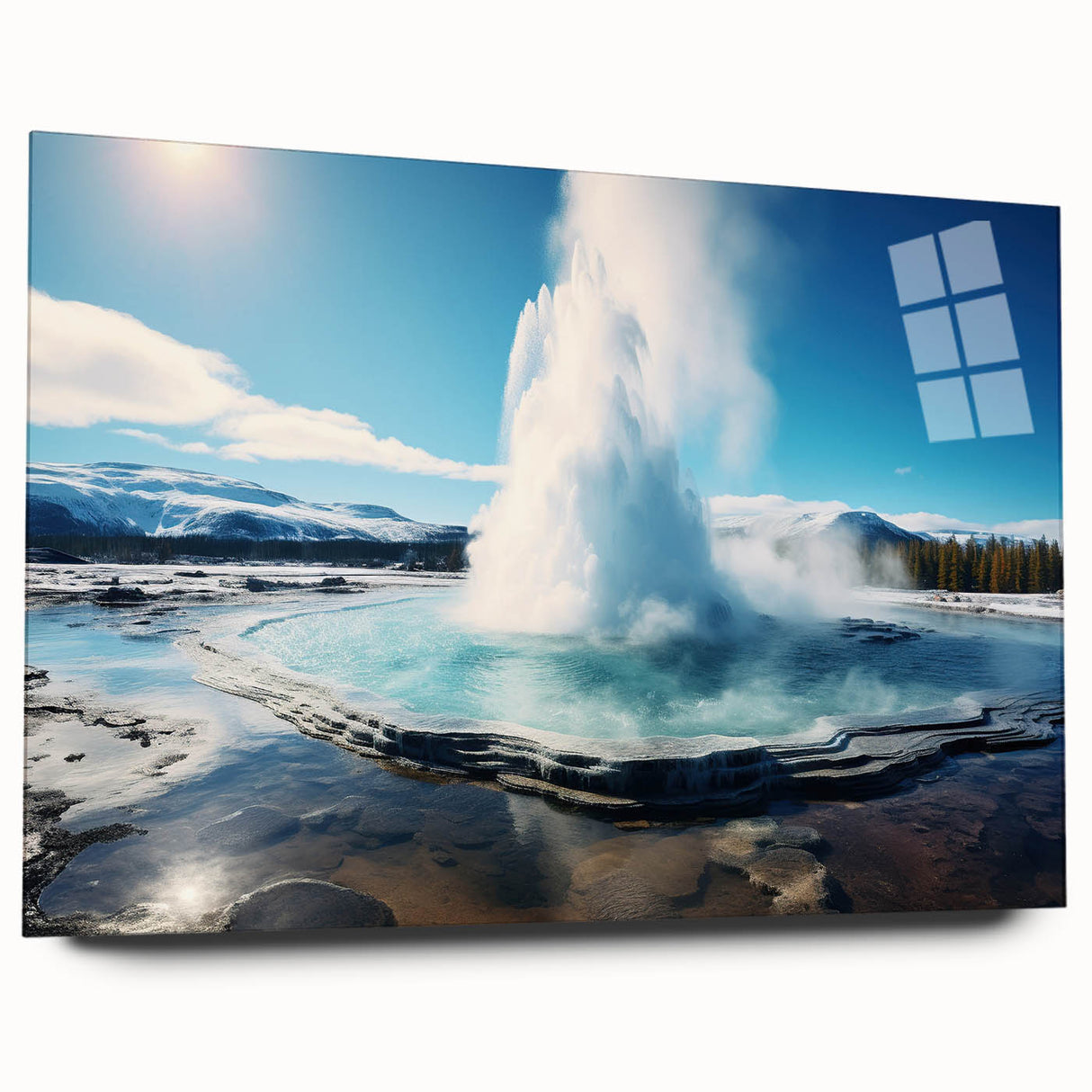 Acrylic glass wall art showcasing a vibrant geyser landscape design, featuring rich colors and intricate details, ideal for contemporary home decor.