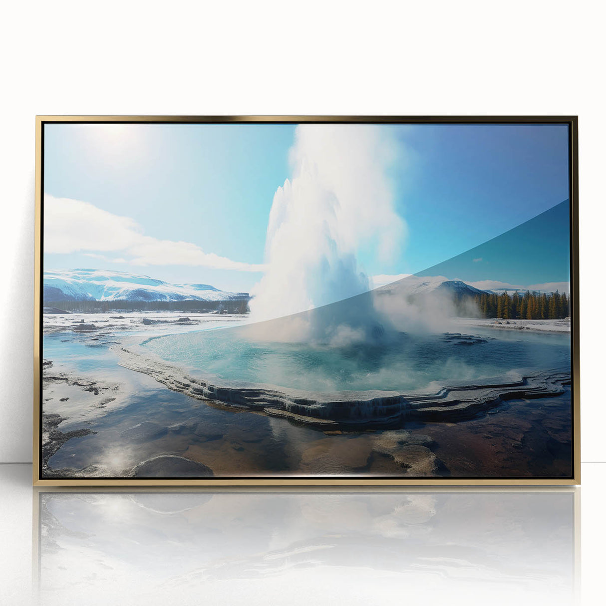 Framed acrylic wall art featuring a geyser landscape design with vibrant colors and a gold frame, perfect for enhancing modern home decor.