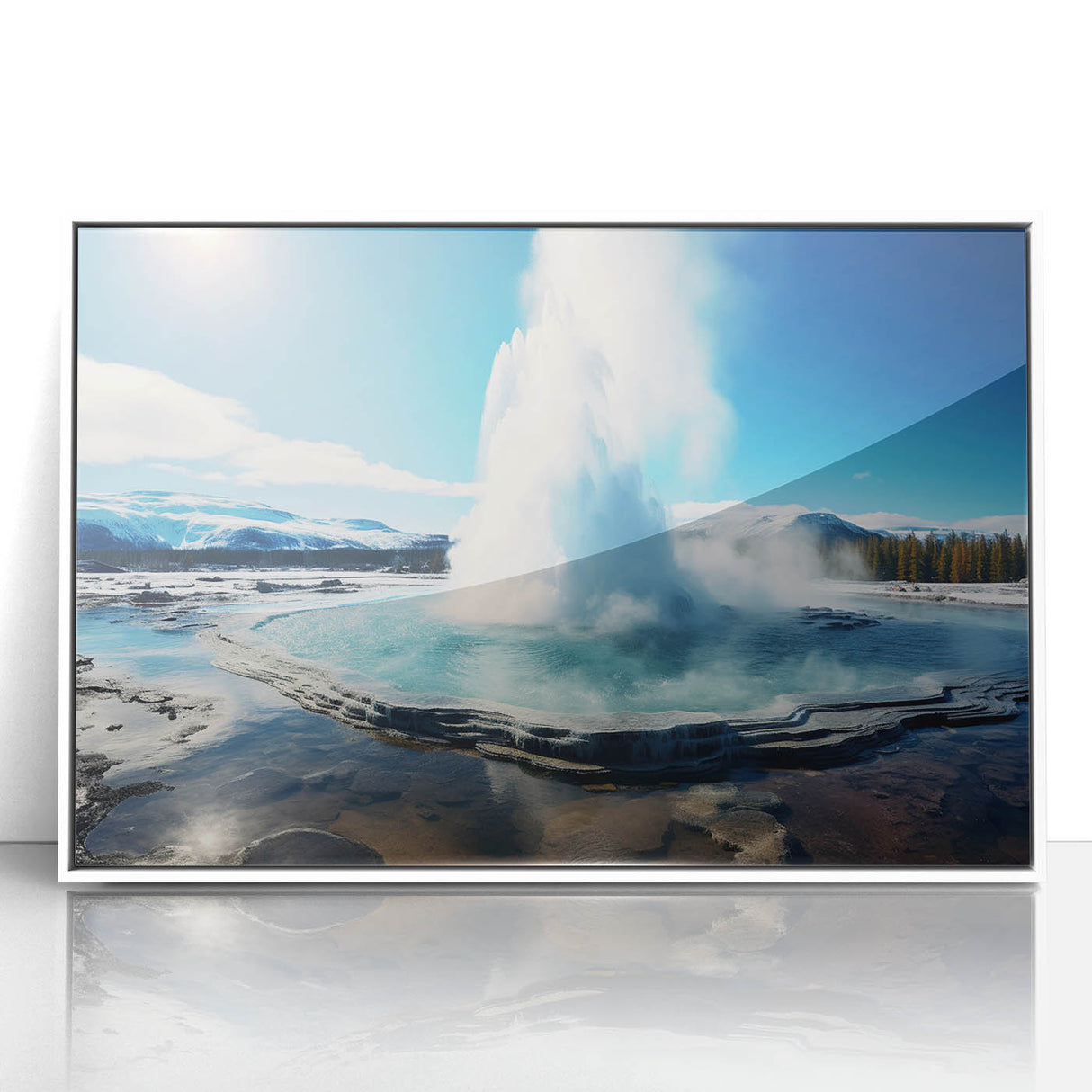 Framed acrylic wall art showcasing a vibrant geyser landscape design with white borders, ideal for modern home decor and art enthusiasts. The piece combines vivid colors and intricate details to enhance any living space.