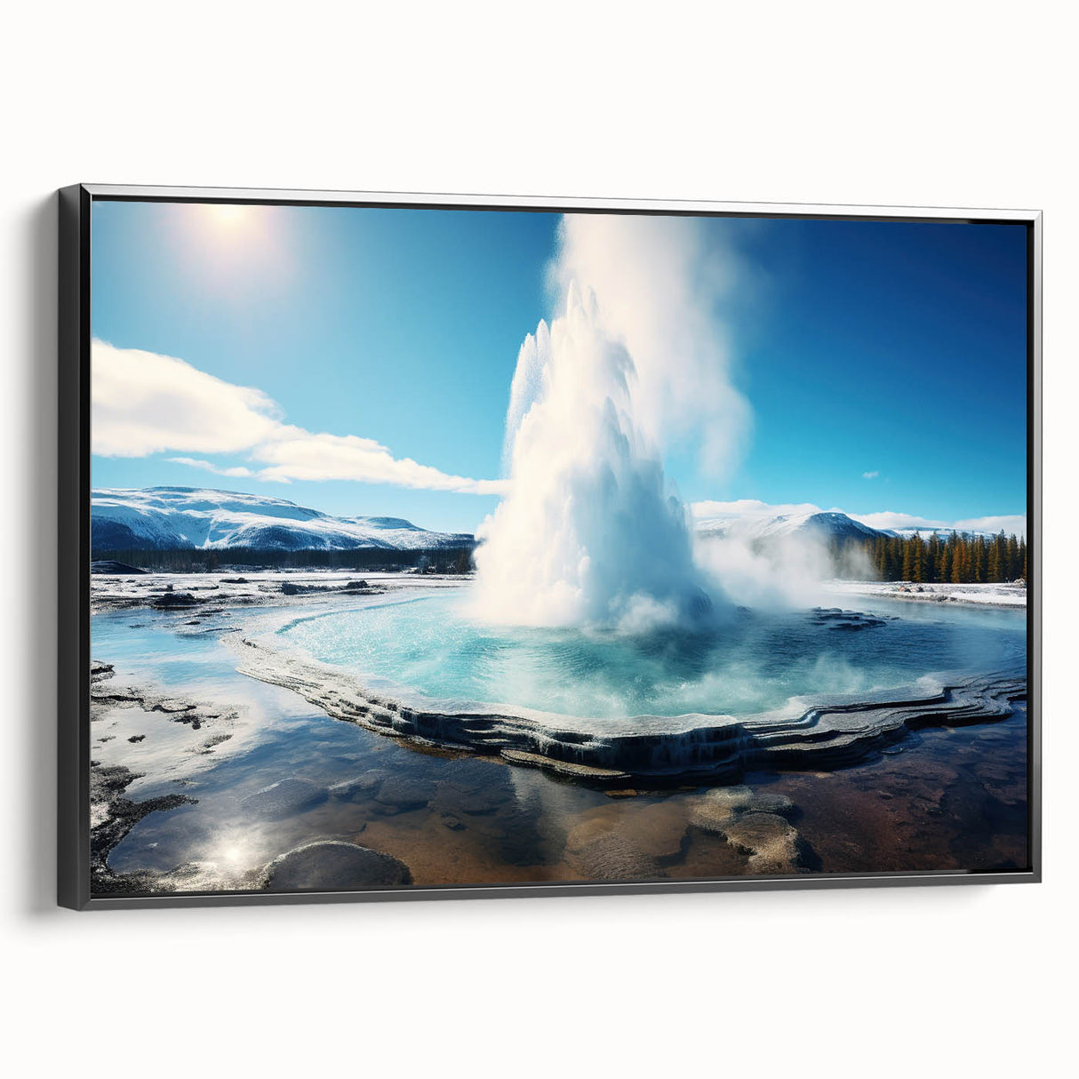 Framed canvas wall art featuring a colorful geyser landscape design, showcasing vibrant blue and orange hues with a sleek black frame, ideal for modern decor.