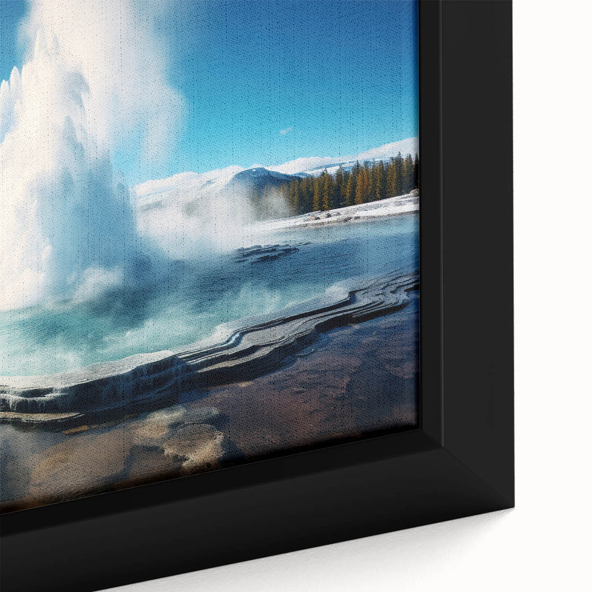 Framed canvas wall art featuring a vibrant geyser landscape design, showcasing dynamic colors and intricate details, perfect for modern home decor.