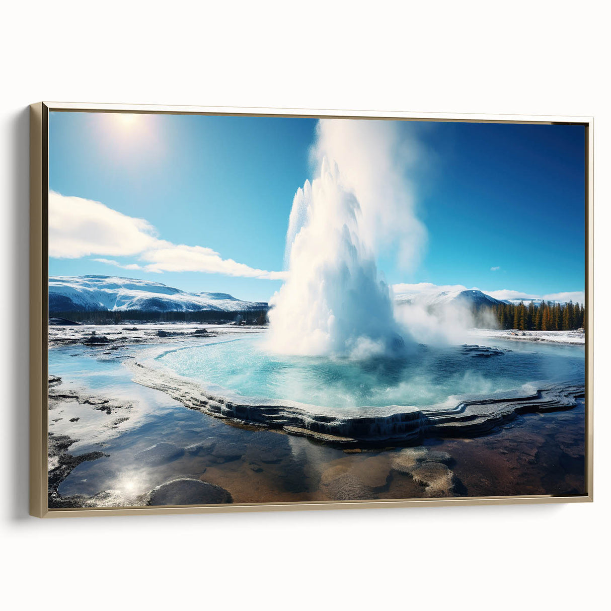 Framed canvas wall art showcasing a colorful geyser landscape design, featuring vibrant hues of blue and gold, ideal for modern home decor and artistic flair.