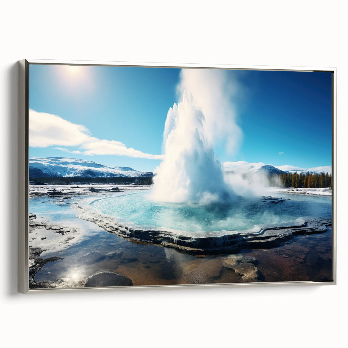 Framed wall art featuring a striking geyser landscape design, showcasing vibrant colors and intricate details, with a sleek silver frame enhancing its modern appeal.