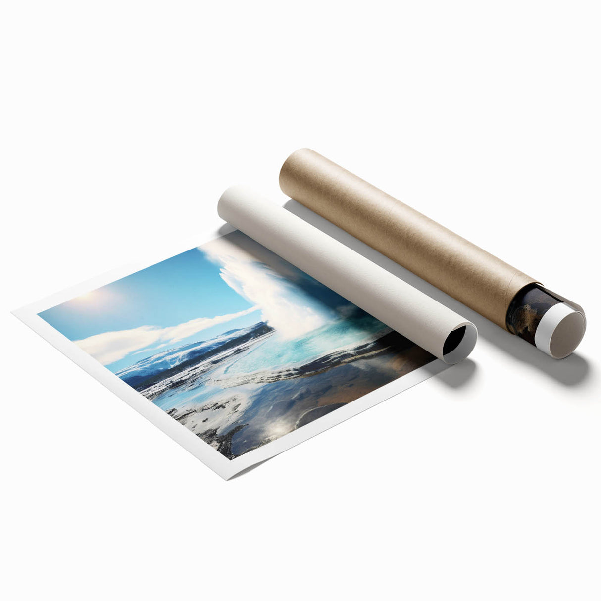 Vibrant rolled print of geyser landscape wall art, showcasing dynamic colors and intricate details, perfect for modern home decor or office spaces.