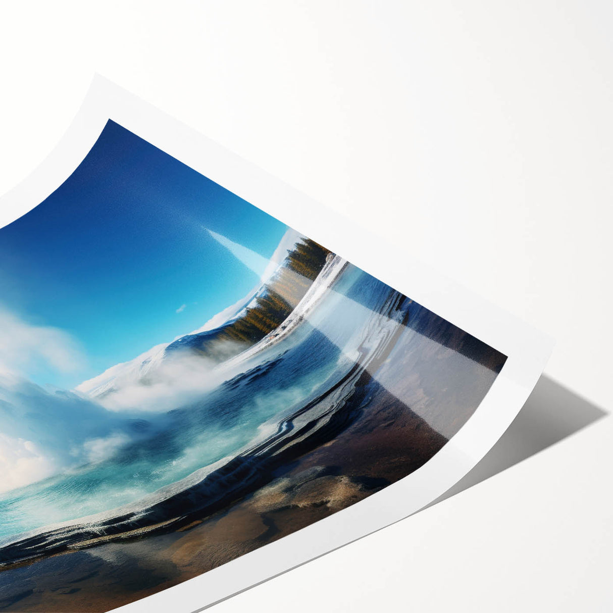 Vibrant rolled print showcasing a colorful geyser landscape design, perfect for home decor, featuring rich hues and intricate details, packaged securely.