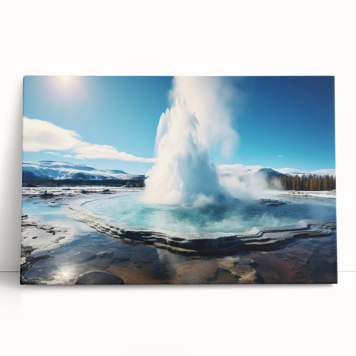 Stretched canvas wall art featuring a vibrant geyser landscape design, showcasing rich colors and dynamic textures, perfect for modern home decor.