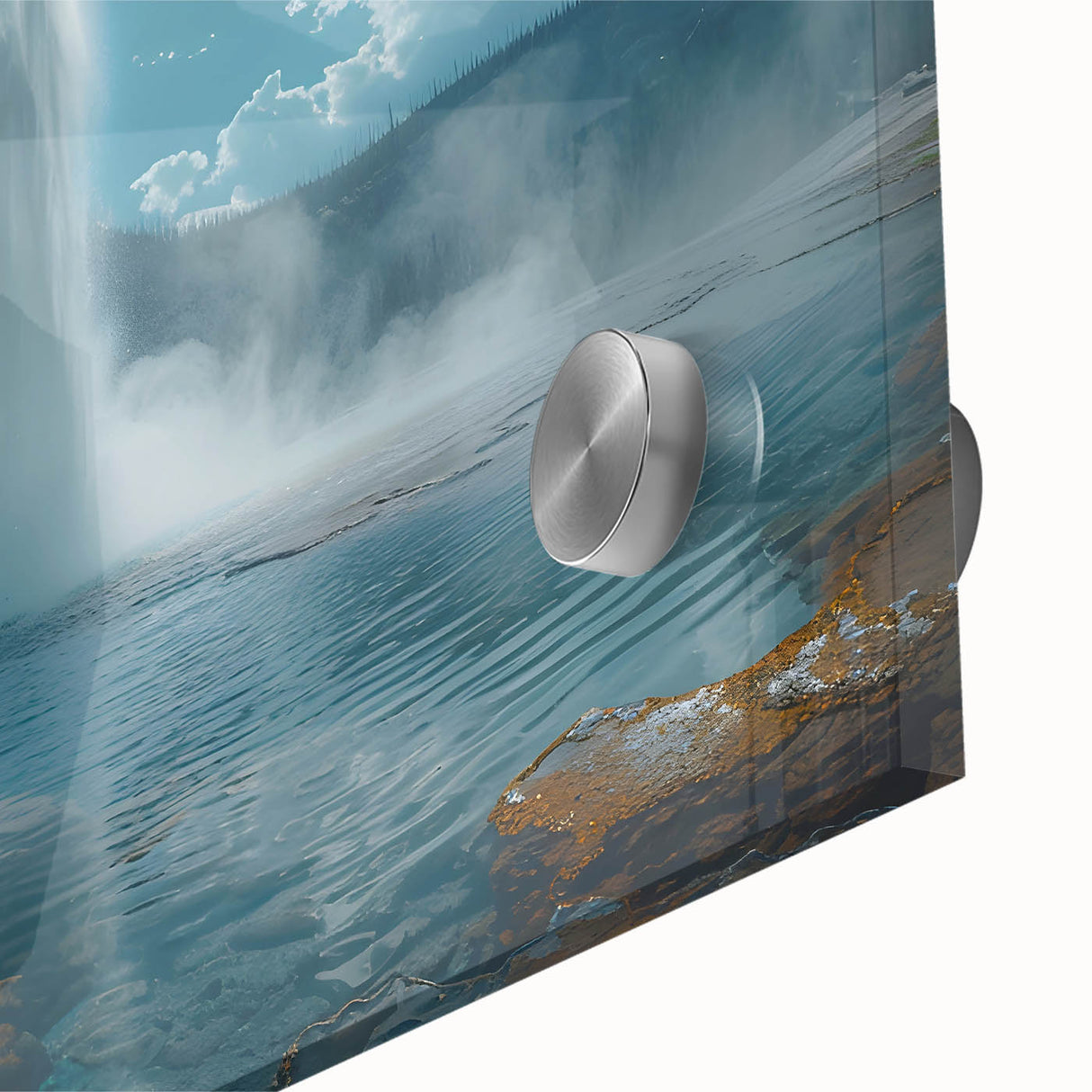 Close-up of a vibrant acrylic glass wall art piece featuring a colorful geyser landscape design, highlighting intricate details and vivid colors, perfect for home decor.