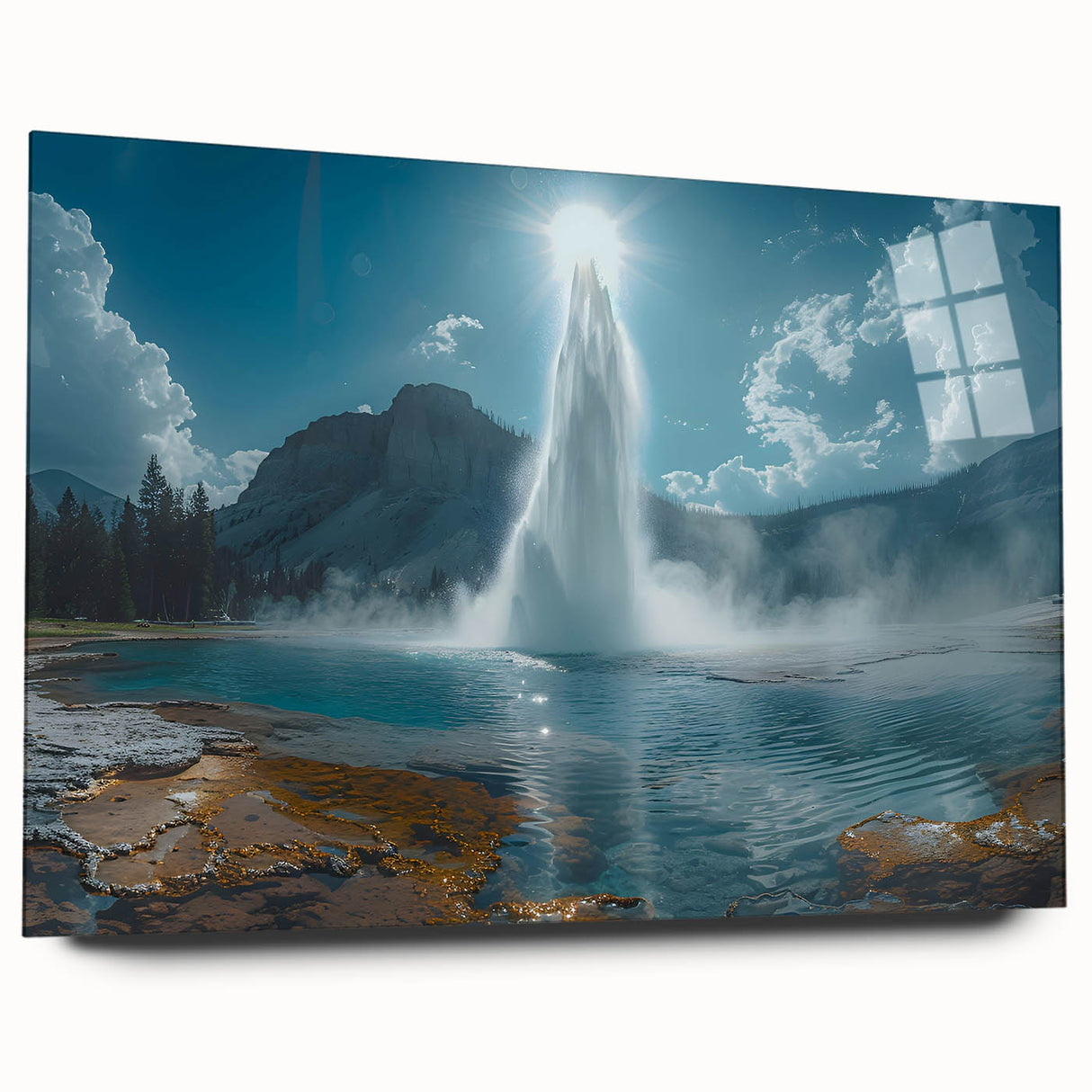 Acrylic glass wall art featuring a stunning landscape design of a geyser, showcasing vibrant colors and intricate details, perfect for modern home decor.