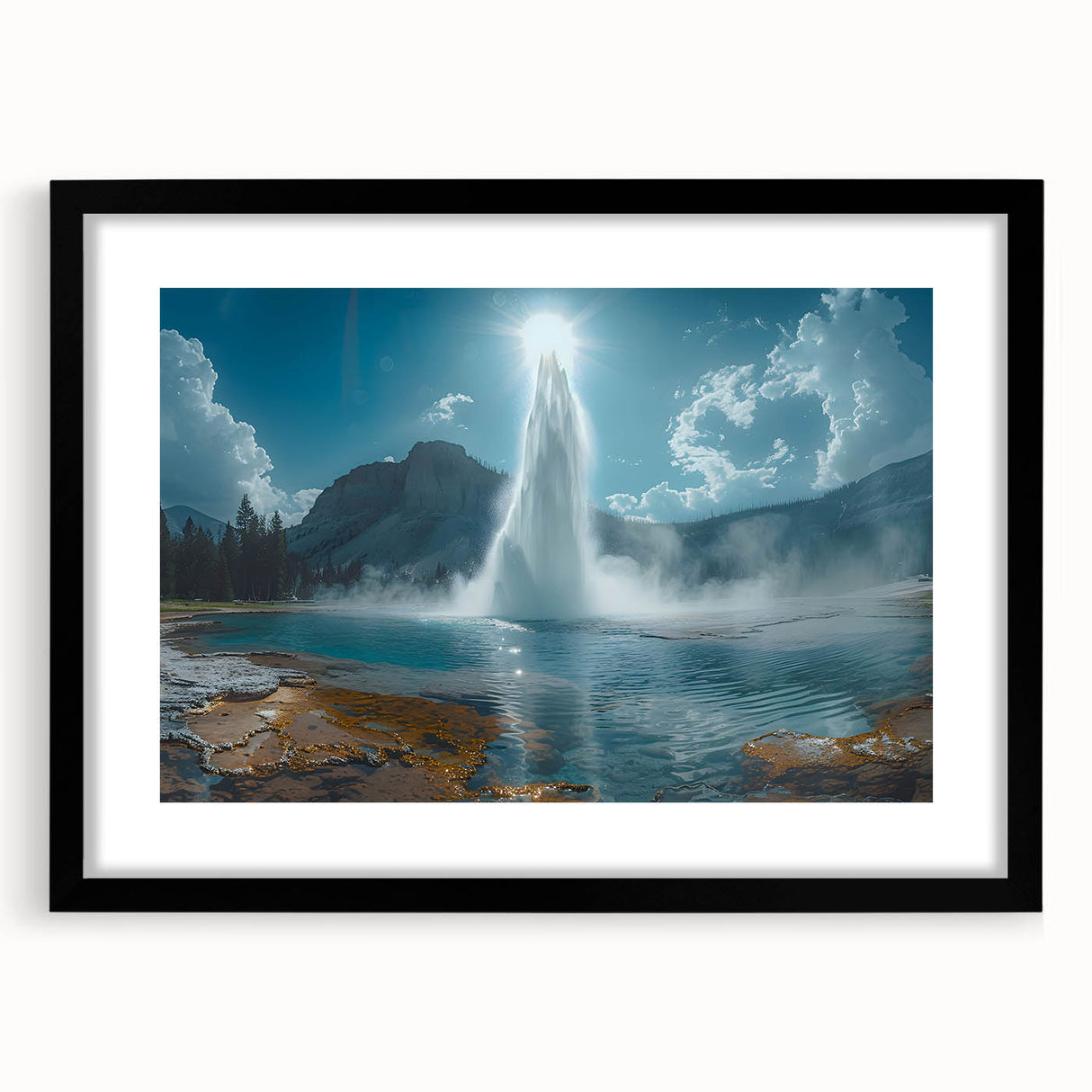 Framed wall art featuring a striking geyser landscape design in a black frame with a mat, perfect for home decor and enhancing interior aesthetics.