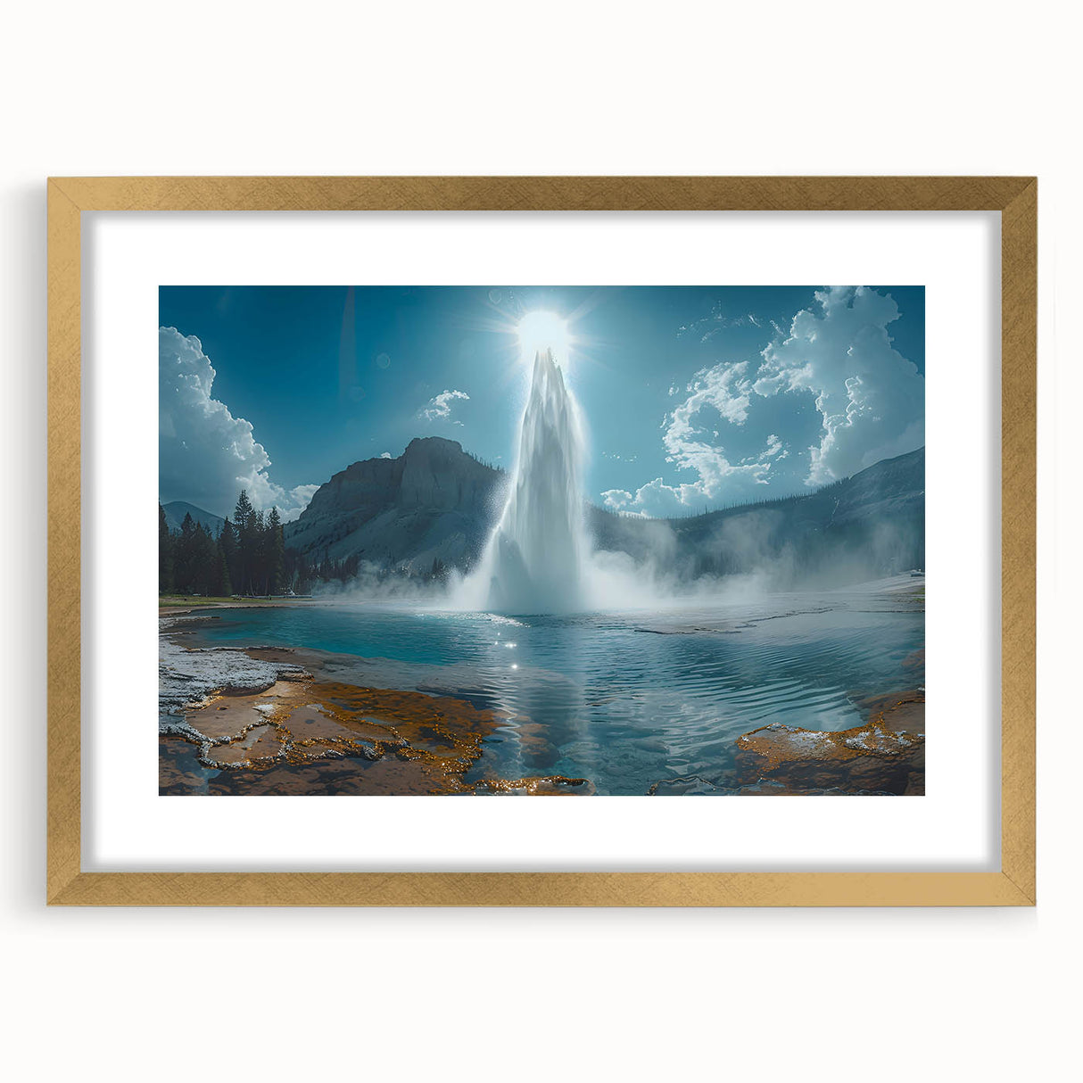 Gold-framed wall art featuring a geyser landscape design, showcasing vivid colors and intricate details, perfect for enhancing modern home decor.