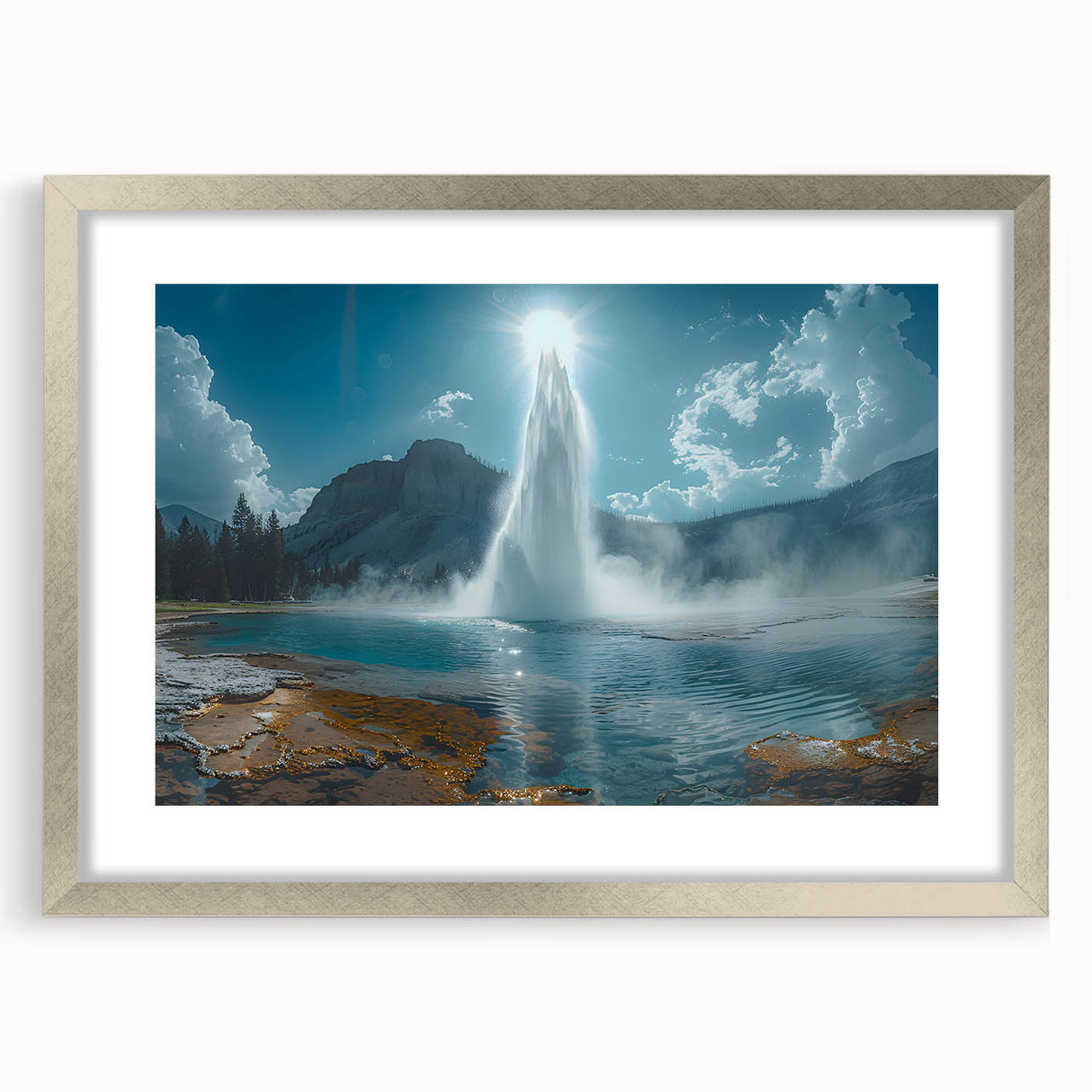 Framed wall art featuring a stunning geyser landscape design, highlighted with a silver mat, showcasing vibrant colors and intricate details in a modern aesthetic.