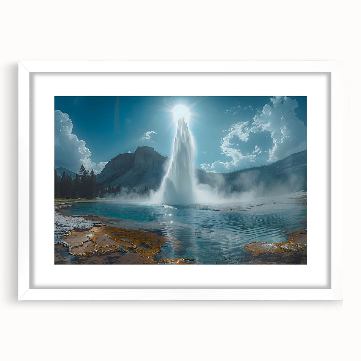 Framed wall art featuring a stunning geyser design with a white mat, showcasing vibrant colors and intricate details that enhance any modern decor.