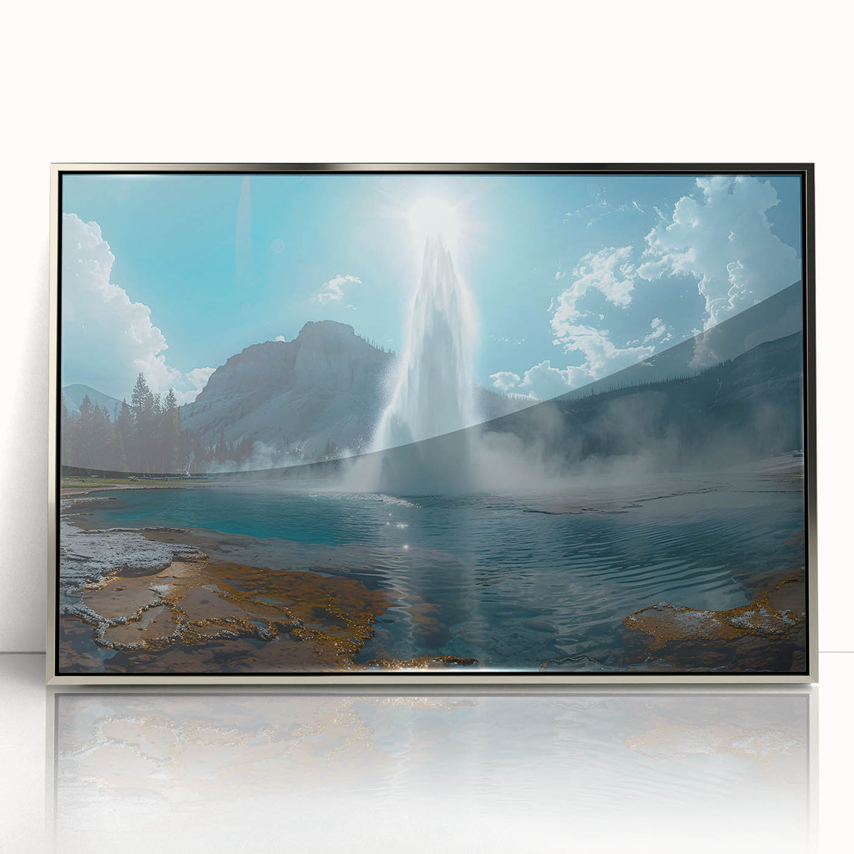 Framed acrylic wall art featuring a stunning geyser landscape design in silver tones, ideal for modern decor, enhancing any living space with elegance.