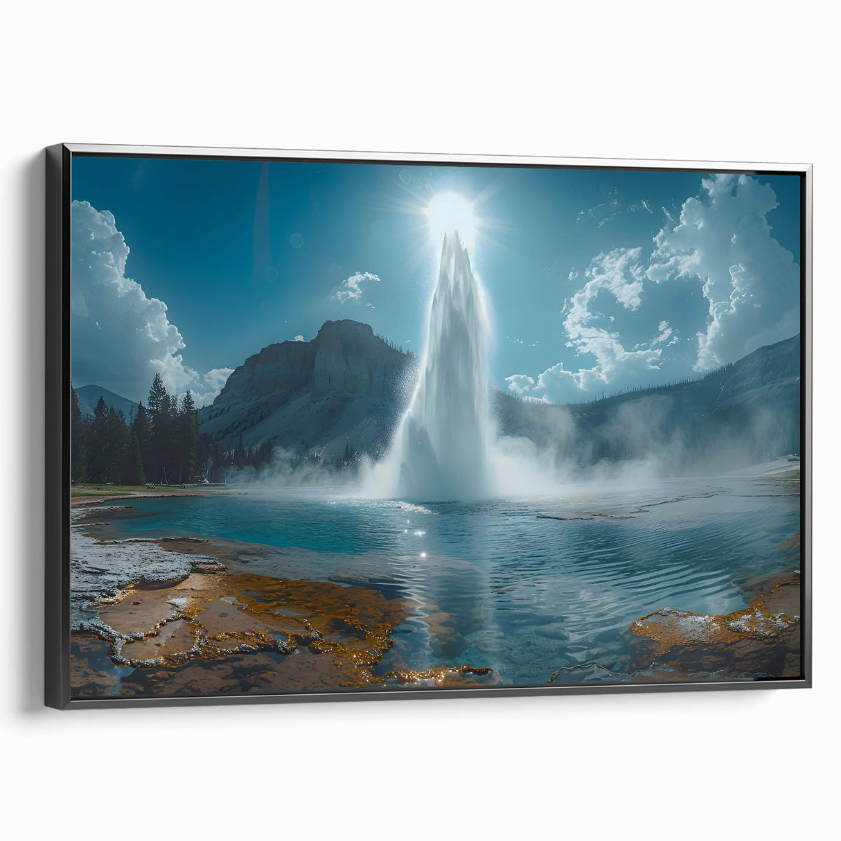 Framed canvas artwork showcasing a vibrant geyser landscape design with rich colors and intricate details, viewed from the side against a neutral backdrop.