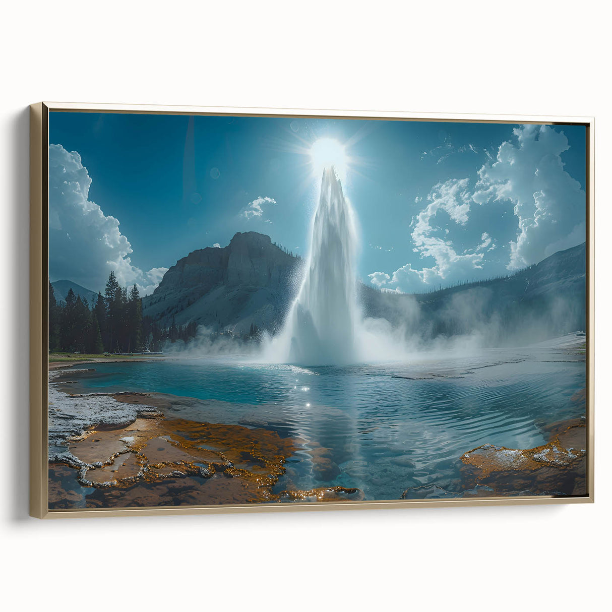 Framed canvas wall art from the Geyser Design 13 collection, showcasing a vibrant landscape scene with gold accents, ideal for modern home decor.