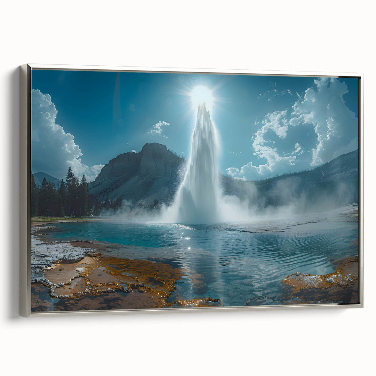 Framed canvas wall art featuring a stunning geyser landscape design, elegantly displayed with a silver frame, perfect for enhancing modern decor.