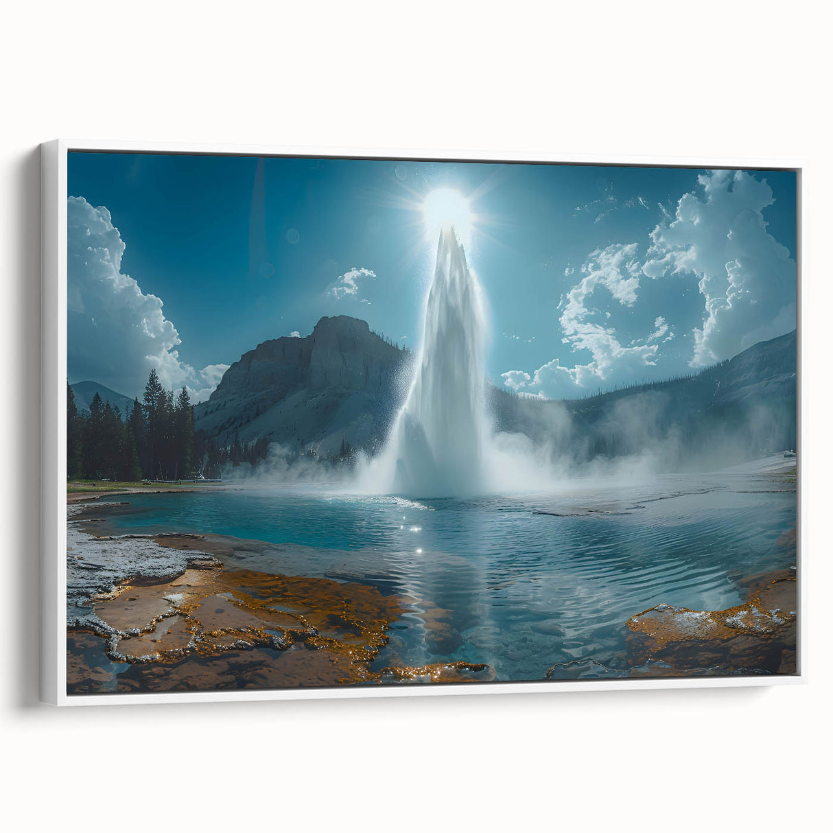 Framed canvas wall art showcasing a serene landscape with a geyser, designed with vibrant colors and intricate details, ideal for modern home decor.