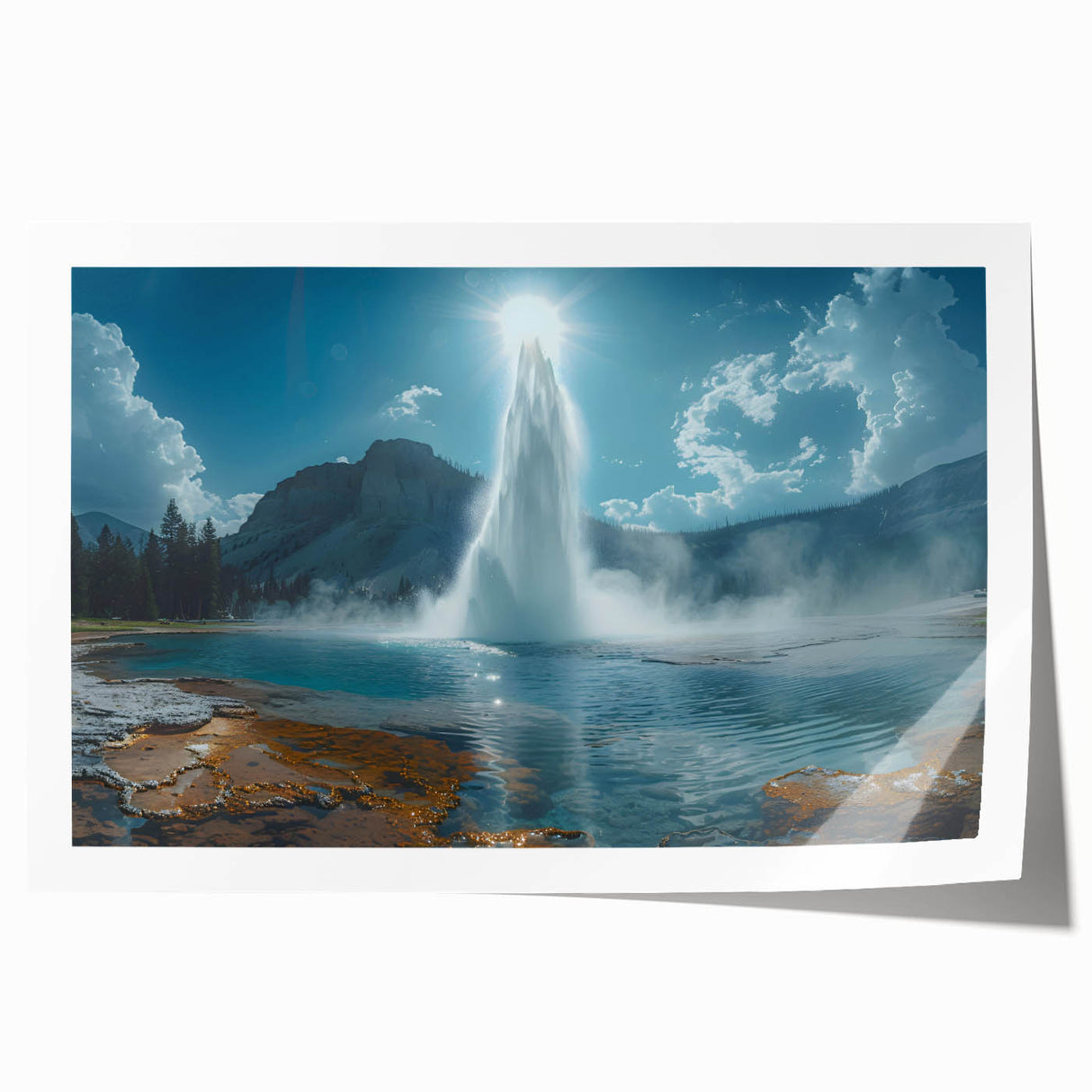 Vibrant rolled print of a geyser landscape design, showcasing vivid colors and intricate details, perfect for enhancing modern home decor.