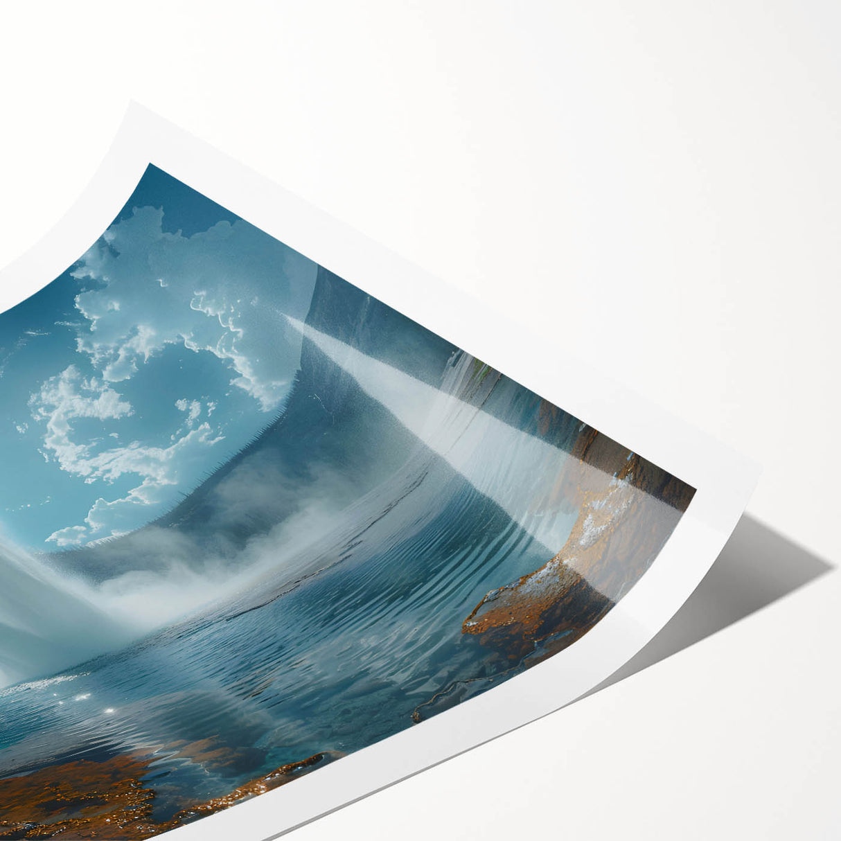 Rolled print of a vibrant geyser landscape in rich blues and greens, showcasing a dramatic natural scene, ideal for home decor enthusiasts and art collectors.