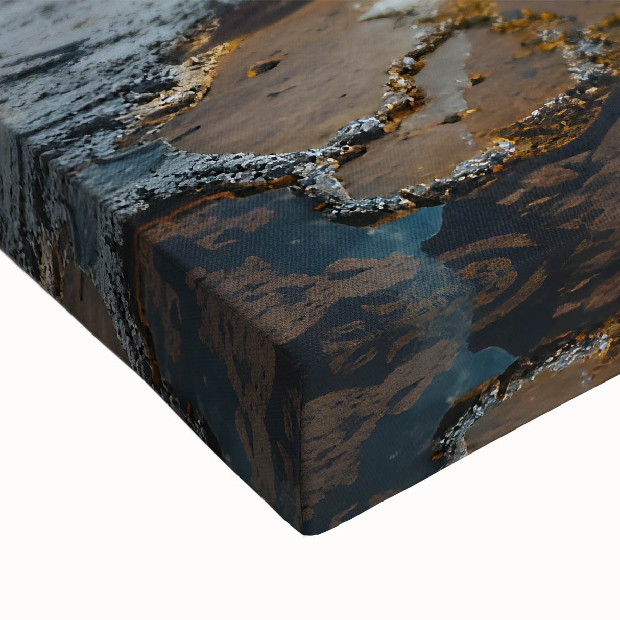 Close-up of a vibrant stretched canvas wall art piece showcasing a geyser landscape design, featuring rich colors and intricate details, ideal for home decor.