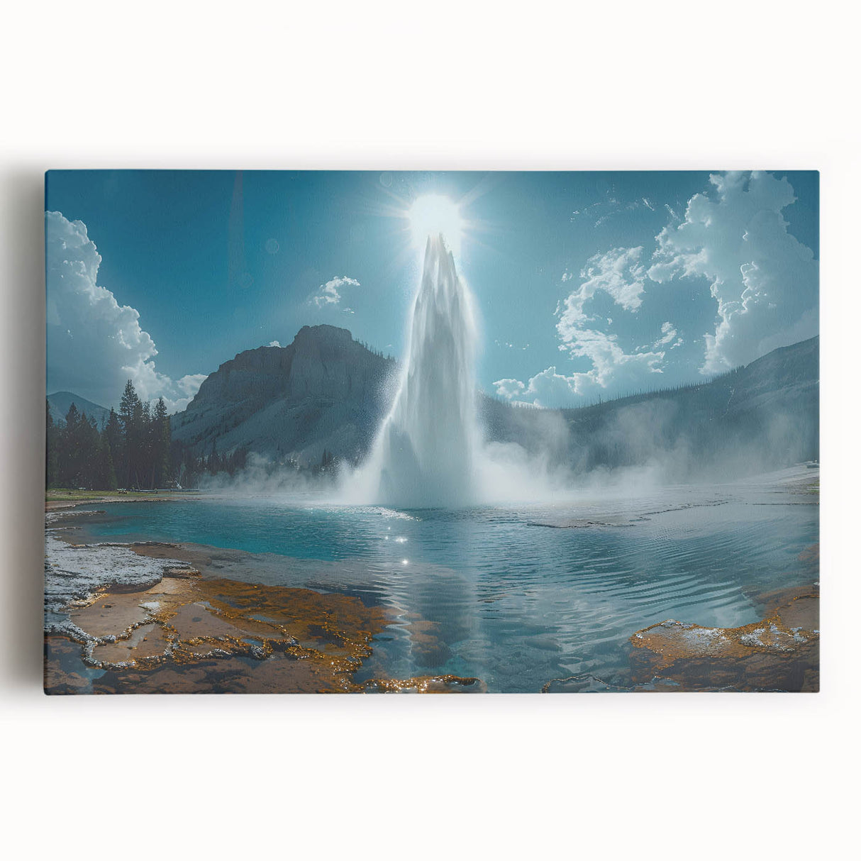 Stretched canvas wall art featuring a vibrant geyser landscape design, showcasing vivid colors and dynamic textures, perfect for home decor enhancement.
