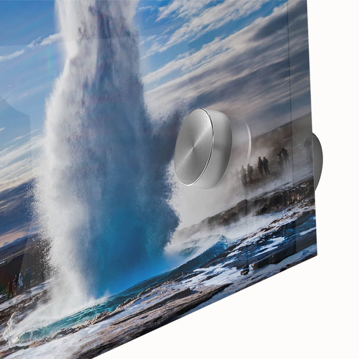 Close-up of a vibrant acrylic glass artwork depicting a stunning geyser landscape, showcasing dynamic colors and intricate details, perfect for home decor enthusiasts.