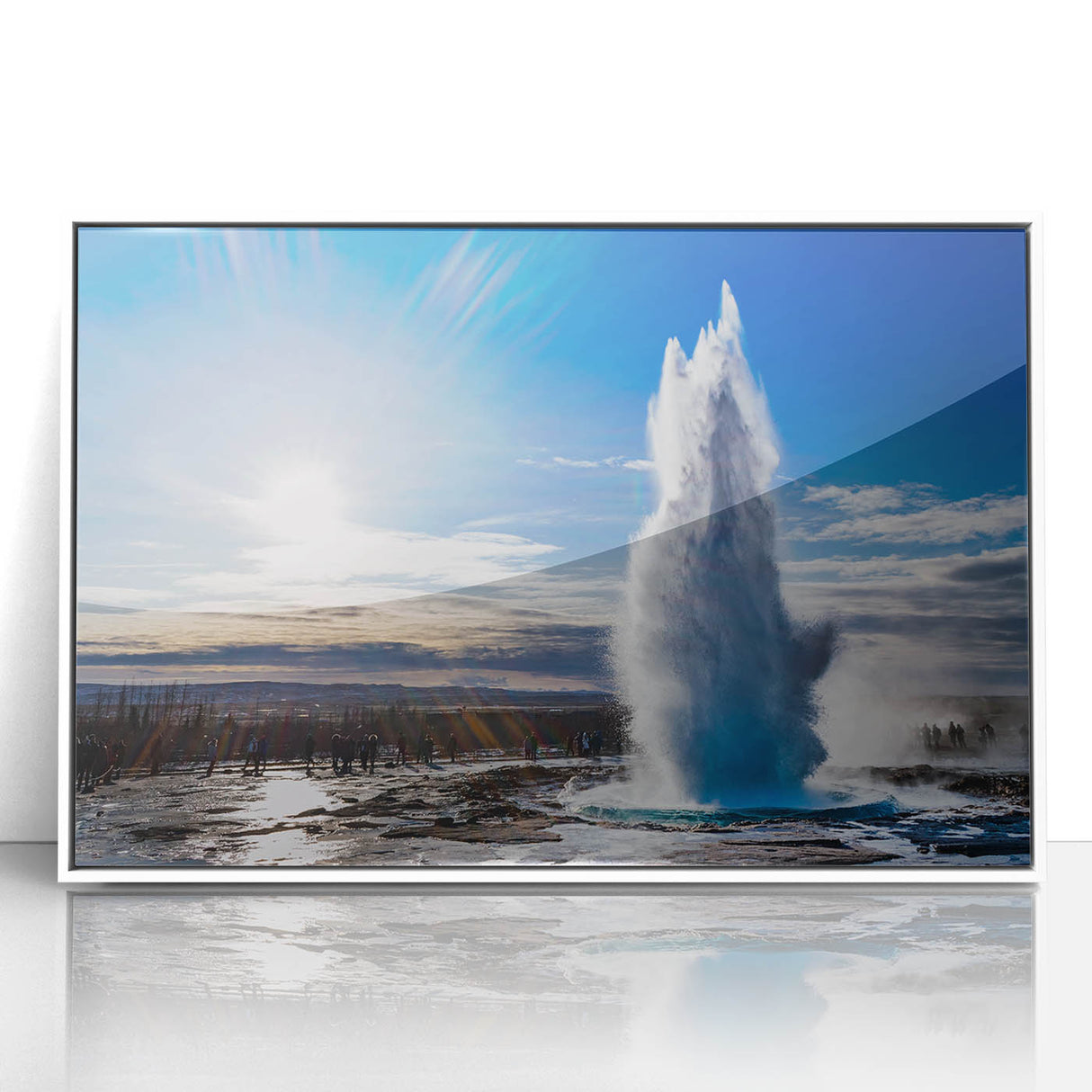 Framed acrylic wall art featuring a vibrant geyser landscape design with striking colors, displayed on a white background, perfect for home decor.