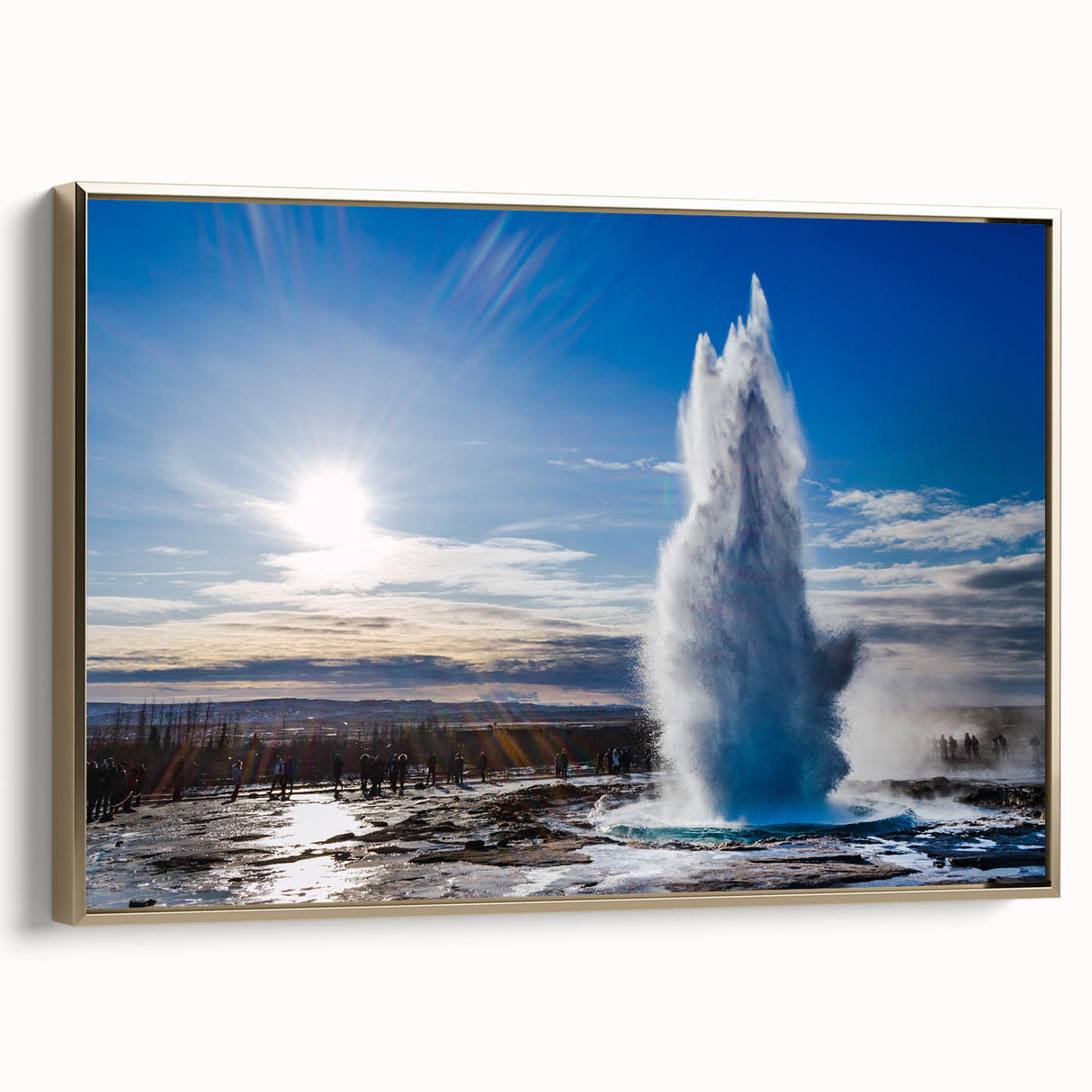 Framed canvas wall art showcasing a serene geyser landscape design with golden accents, perfect for enhancing modern home decor and adding a touch of elegance.