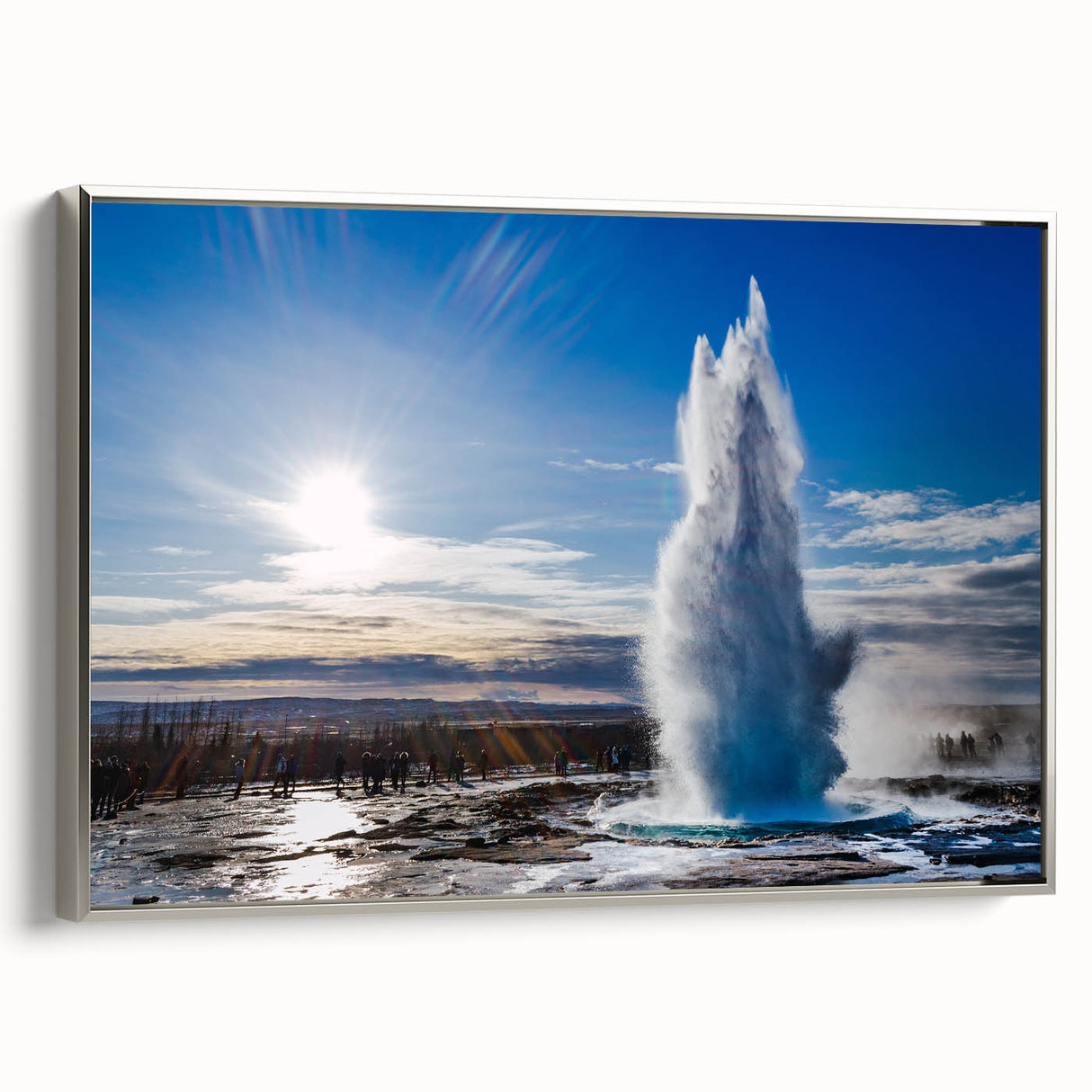 Framed canvas wall art featuring a striking geyser design in silver tones, showcasing intricate details and textures, perfect for enhancing modern home decor.