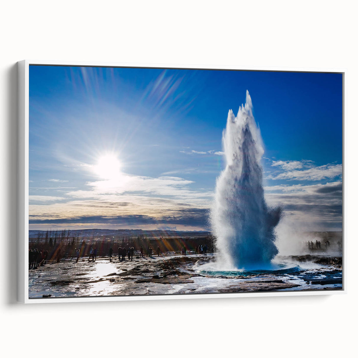 Framed canvas wall art showcasing a stunning geyser landscape design in vibrant colors, set against a white background, perfect for home decor.