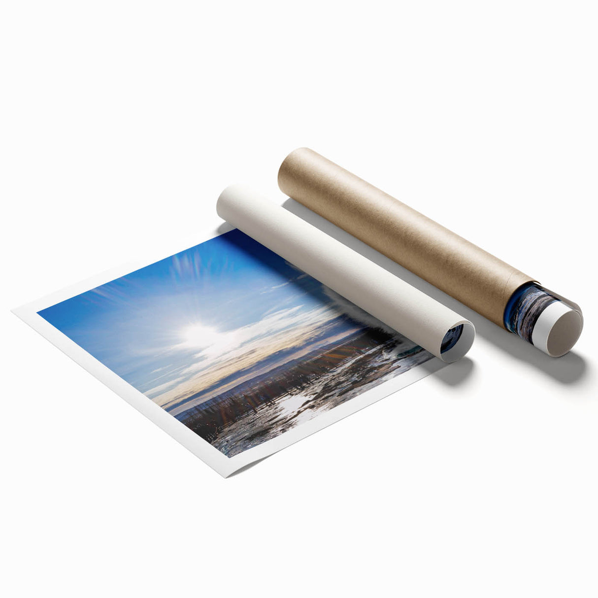 Vibrant rolled print showcasing a geyser landscape design, featuring bold colors and intricate details, perfect for enhancing home decor aesthetics.