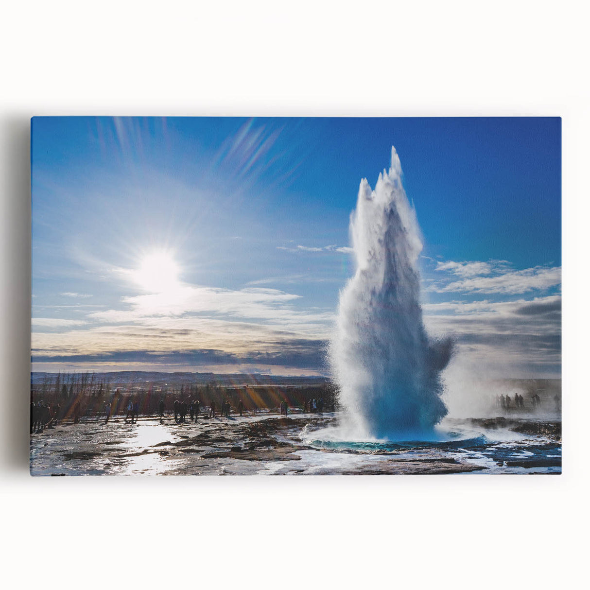 Stretched canvas wall art showcasing a vibrant geyser landscape design, featuring rich colors and detailed textures, perfect for enhancing interior decor.