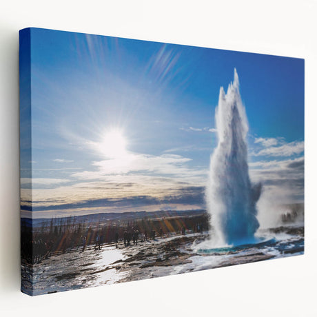 Stretched canvas wall art showcasing a vibrant blue and green geyser landscape design, perfect for adding a natural touch to home decor. Ideal for nature enthusiasts and art lovers alike.